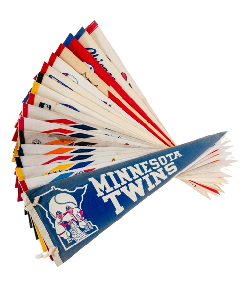 Vintage MLB - Major League Baseball 1970s/1980s Full Size Pennants (17) Including 1974 Hank Aaron Home Run King, 1981 All-Star Game Cleveland, 1977 Dodgers NL Champions & Others Plus Bumper Sticker 