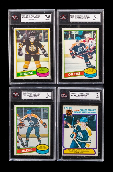 1980-81 O-Pee-Chee Hockey KSA-Graded Cards (4) Including #289 HOFer Mark Messier Rookie (MINT 9), #140 HOFer Ray Bourque Rookie (NM+ 7.5) and #250 Wayne Gretzky (MINT 9)