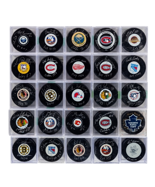 Calder Memorial Trophy Winners / "Rookie of the Year" Signed Puck Collection of 25 Including Deceased HOFers Bossy, Hawerchuk and T. Esposito - All Inscribed! - Most with COAs!