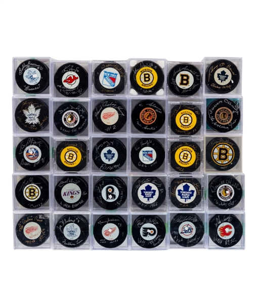 Stars and Hall of Famers Signed "Nicknames" Puck Collection of 30 Including HOFers Hall, Potvin, Vernon, Kennedy, Cheevers, Dionne and Others - All Inscribed! - Many with COAs!