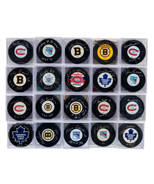Hall of Famers and Stars Signed Puck Collection of 31 Including HOFes Chelios, Fuhr, Bowman (2), Geoffrion, Lemaire, Kelly and Carbonneau - - Most Inscribed! - Most with COAs!