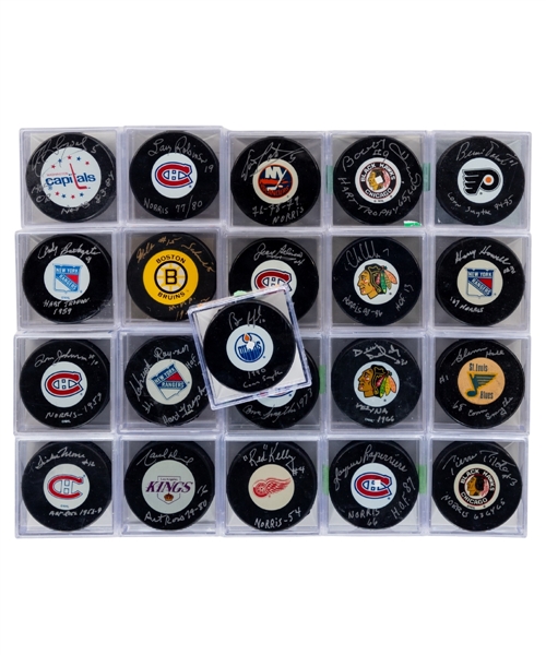 "Award Winners" Signed Puck Collection of 21 Including HOFers Hull, Bathgate, Kelly, Dionne, Chelios, Beliveau and Others - All Inscribed! - Most with COAs!