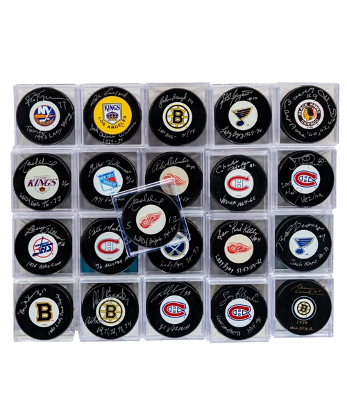 "Award Winners" Signed Puck Collection of 21 Including HOFers Hull, Dionne, Delvecchio, P. Esposito and Others - All Inscribed! - Most with COAs!