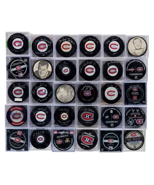 Montreal Canadiens Puck Collection of 30 Including Warm-Up Used and Retirement Night Game Examples of Dryden, Roy and Savard