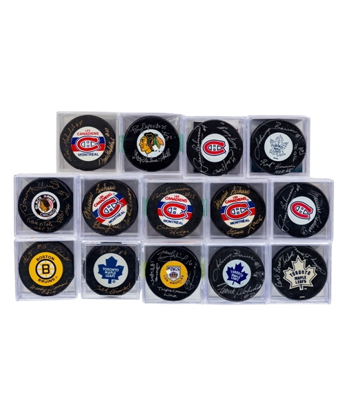Dual-Signed and Triple-Signed Puck Collection of 14 Including Deceased HOFers M. Richard, Bower, Hull, Beliveau and Others - Many with COAs/Certification!