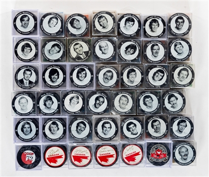 Team Canada 1972 Canada-Russia Series "Canadas Team of the Century" Complete Player Puck Collection of 36 Plus Signed Pucks (5) 