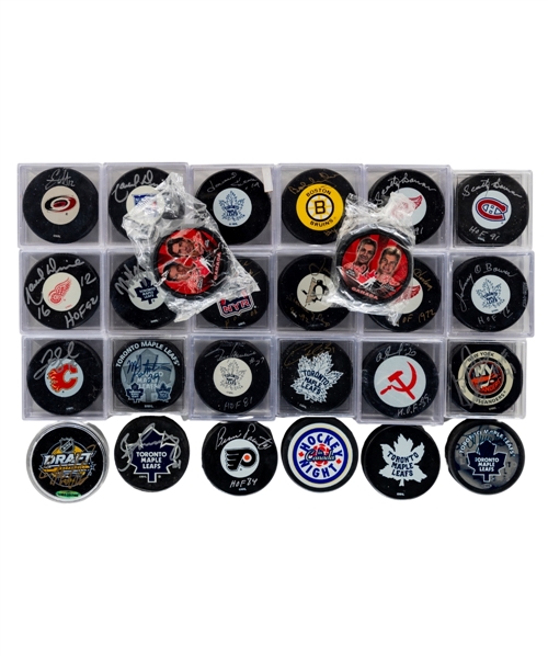 HOFers and Stars Signed Puck Collection of 22 Including Matthews, Howe, Orr, Dionne, Bower, Jagr and Others - Many Certified or With COAs!