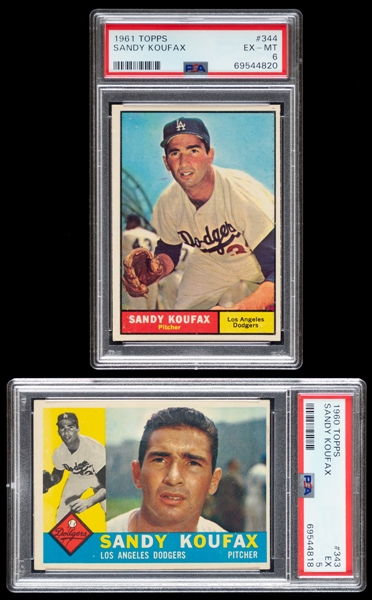 1960 Topps Baseball Card #343 HOFer Sandy Koufax (Graded PSA EX 5) and 1961 Topps Baseball Card #344 HOFer Sandy Koufax (Graded PSA EX-MT 6)