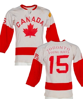 Canadian National Team Mid-to-Late-1960s Game-Worn Jersey Recycled for Toronto Junior "B" Nationals with Hockey Canada LOA - Team Repairs!