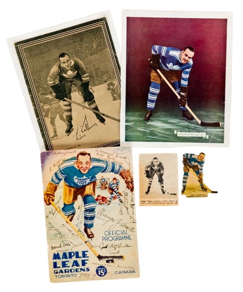 Deceased HOFer King Clancy Toronto Maple Leafs Signed 1930s Enos Fruit Salt Promotional Picture, Multi-Signed 1934-35 Leafs MLG Program and Imperial Series Clancy Scribbler Cover