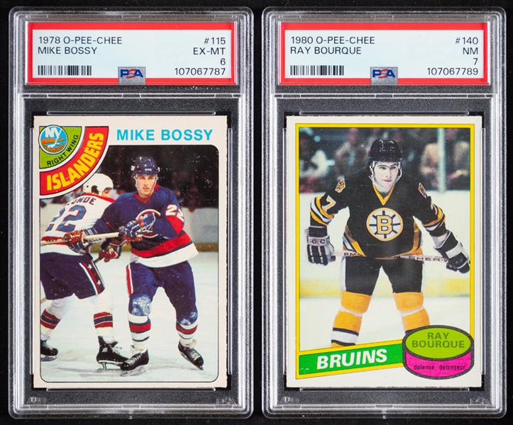 1978-79 O-Pee-Chee Hockey Card #115 HOFer Mike Bossy Rookie (Graded PSA 6) and 1980-81 O-Pee-Chee Hockey Card #140 HOFer Ray Bourque Rookie (Graded PSA 7)