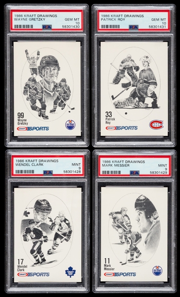 1986-87 Kraft Drawings Complete Card Set of 81 with PSA Graded Cards of Wayne Gretzky, Mark Messier, Patrick Roy (Rookie Year) and Wendel Clark (Rookie Year) 