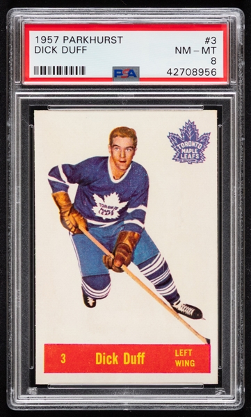 1957-58 Parkhurst Hockey Card #3 HOFer Dick Duff Graded PSA 8