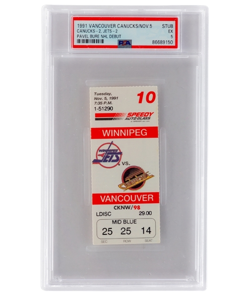 Pavel Bure Vancouver Canucks November 5th 1991 NHL Debut Ticket Stub Graded PSA 5