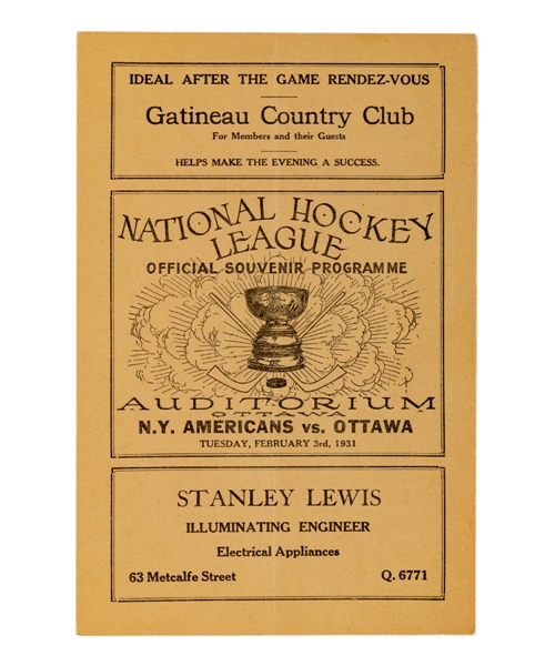 February 3rd 1931 Ottawa Auditorium Program - Ottawa Senators vs New York Americans